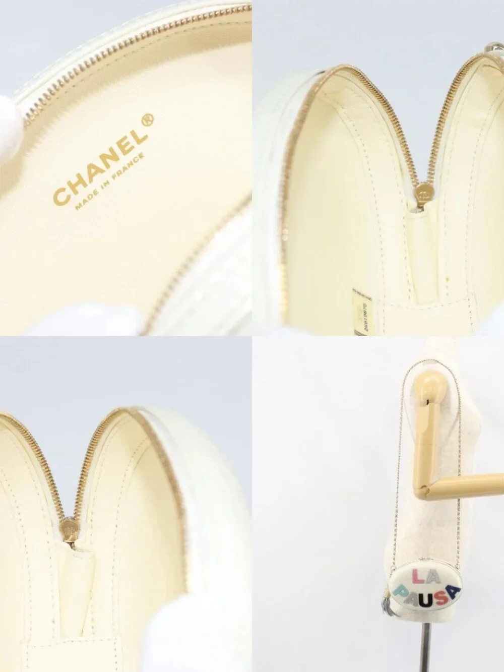 CHANEL V Stitch Chain Shoulder Bag Leather White Gold CC Auth 144830SAV